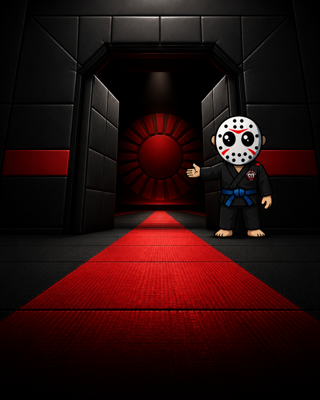 Mascote G13 recebendo o aluno na entrada simbólica do dojo