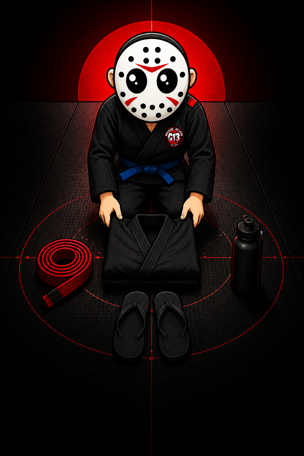 Mascote G13 organizando o kimono, a faixa, a água e os chinelos para o treino